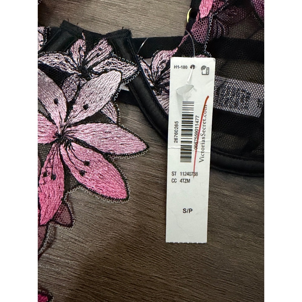 Victoria's Secret Floral Embroidered Mesh Teddy Bodysuit Black Pink S NWT - Picture 2 of 2